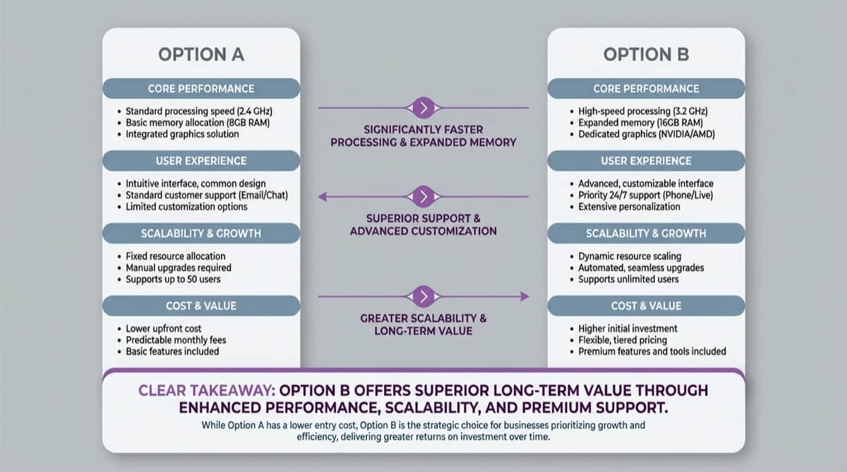 Editorial comparison graphic showing two alternatives reduced into a clean side-by-side infographic with highlighted differences, grouped criteria, and one visible takeaway.