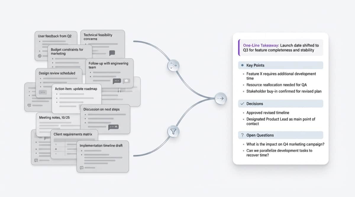 Editorial diagram showing dense meeting conversation compressed into a compact summary with topic, decisions, important context, and next steps that remains easy to revisit later.