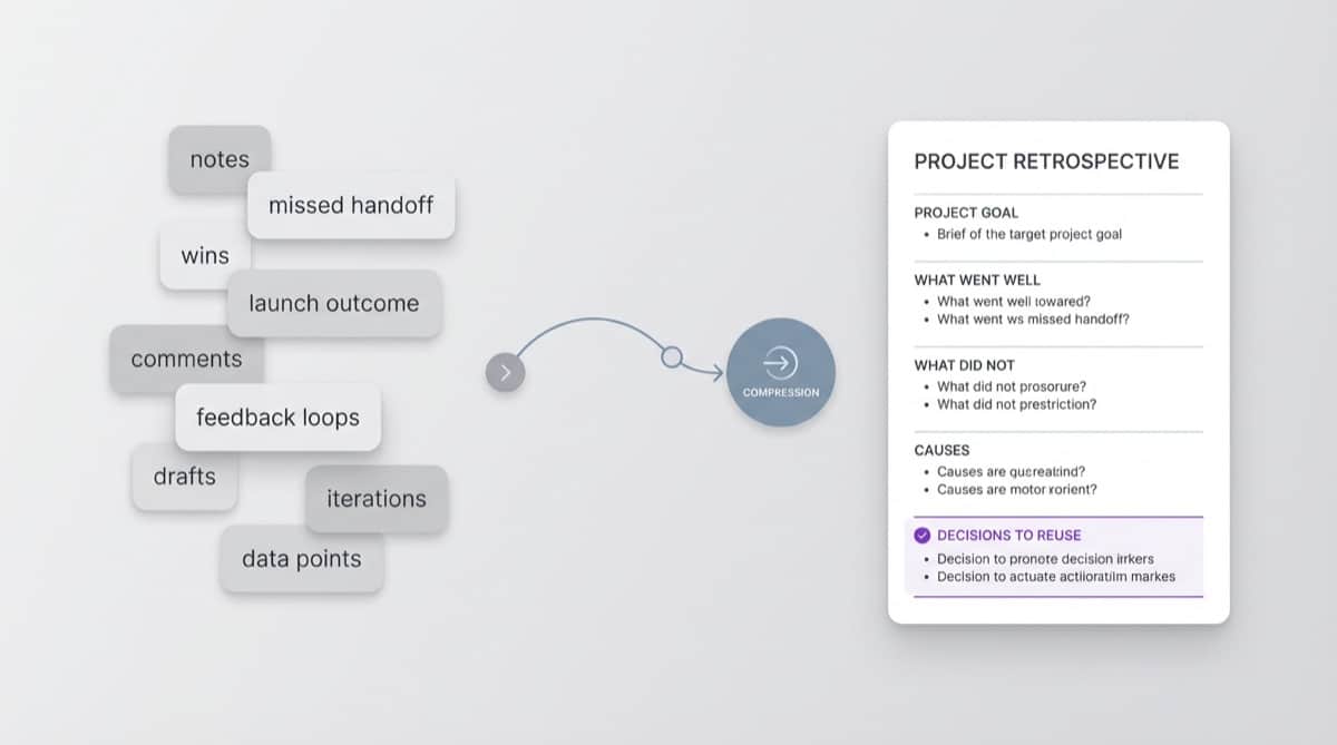 Editorial diagram showing messy project memories, decisions, and outcomes compressed into a clean retrospective with goals, wins, misses, causes, and reusable decisions.