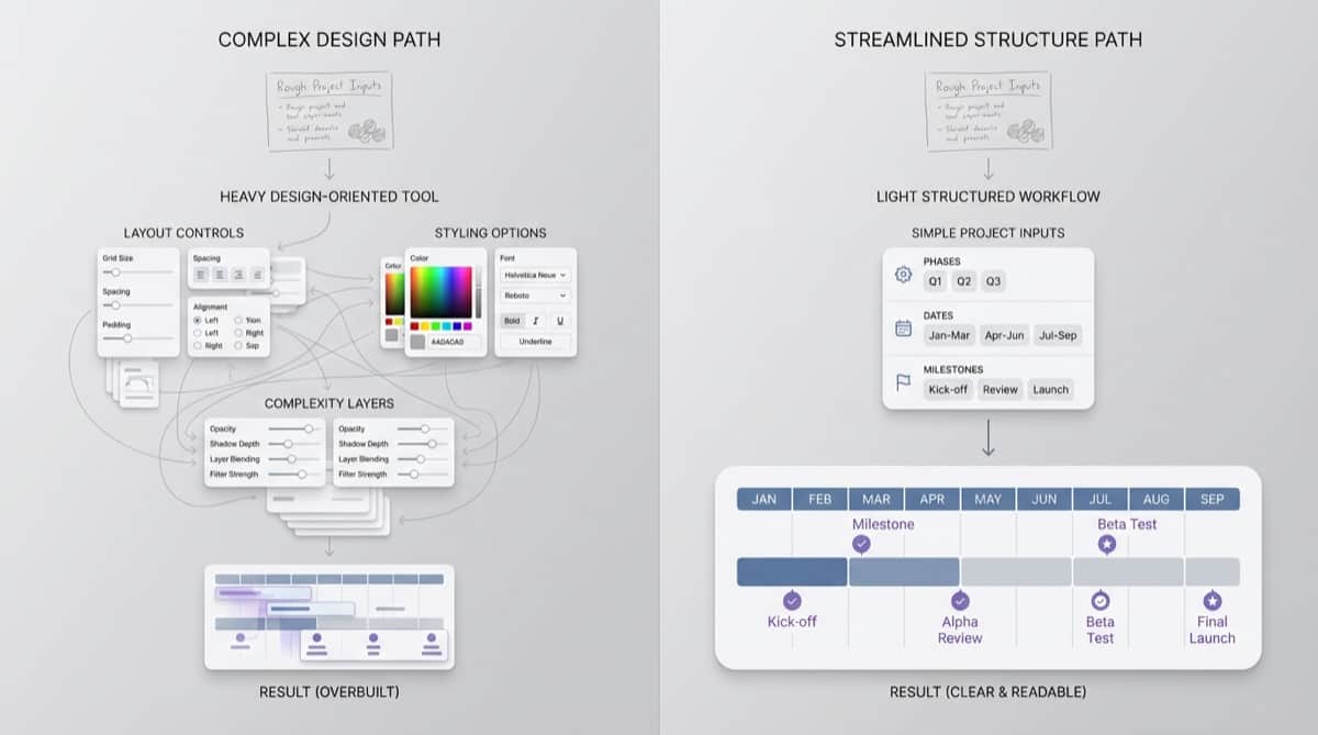 Editorial comparison graphic showing a heavy design-oriented timeline tool on one side and a lighter structured timeline workflow on the other, with the latter producing a clear project timeline faster.
