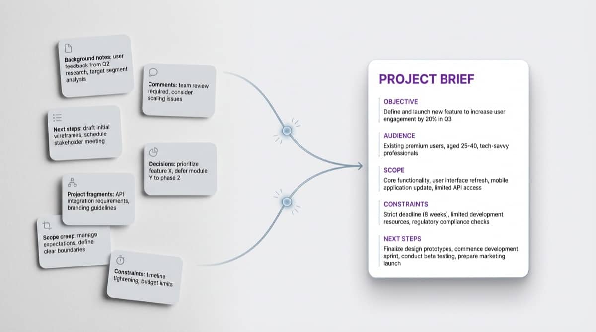 Editorial diagram showing scattered project context converging into a concise project brief with objective, audience, scope, constraints, and next steps.