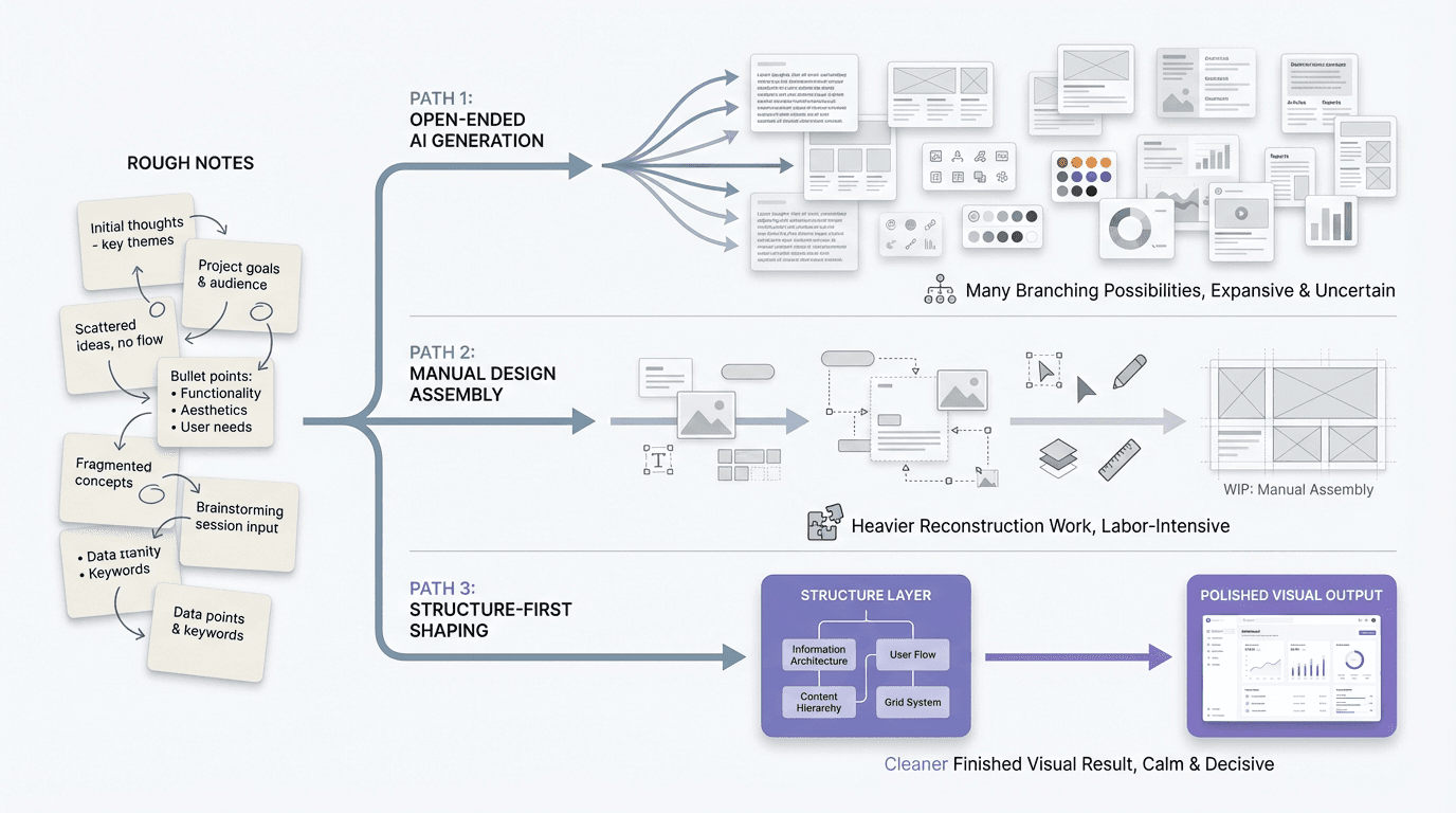 Editorial comparison showing rough notes moving through three paths: open-ended AI generation, manual design assembly, and structure-first shaping into a usable visual output.