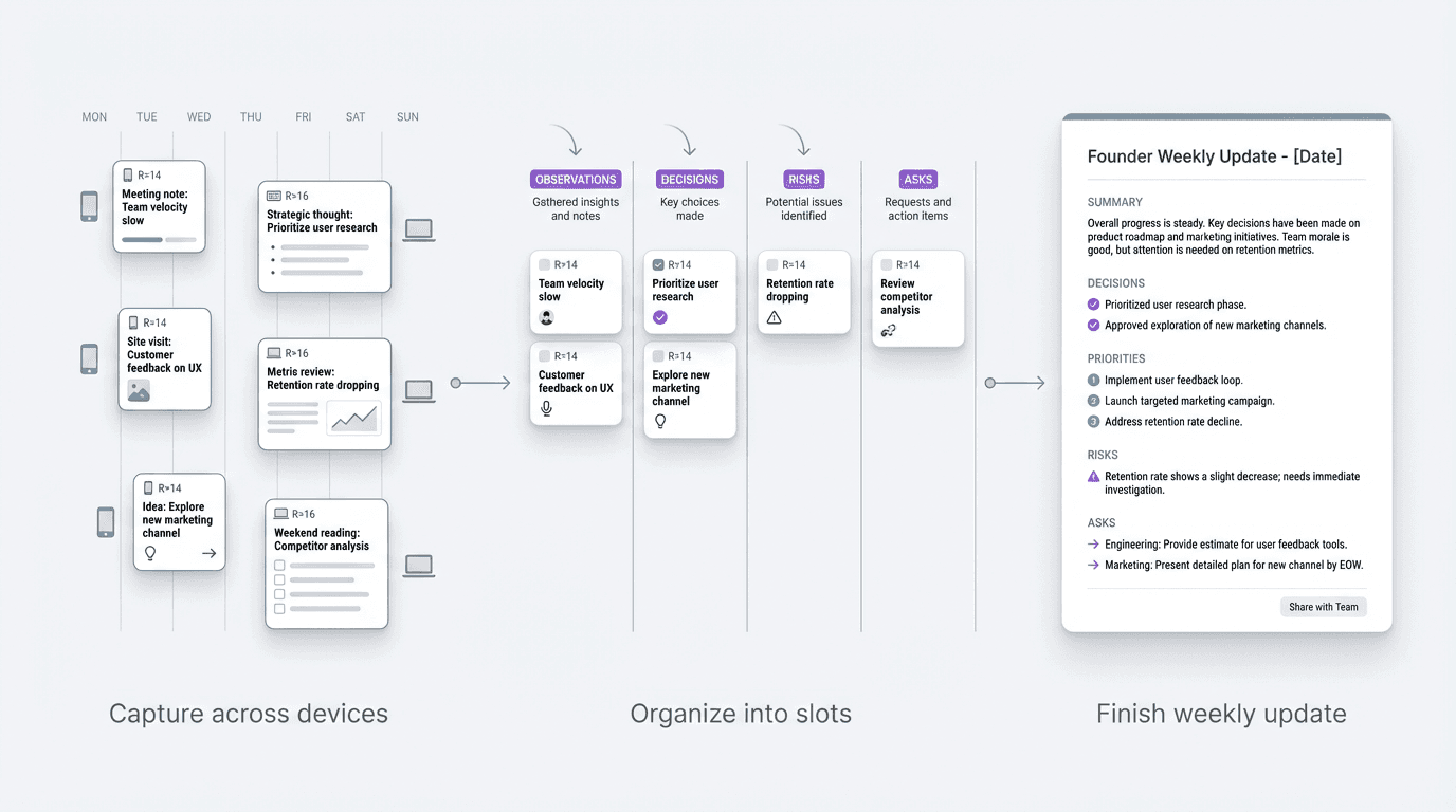 Process visual showing founder notes captured across phone and desktop, then organized into recurring slots before becoming a finished weekly founder update.