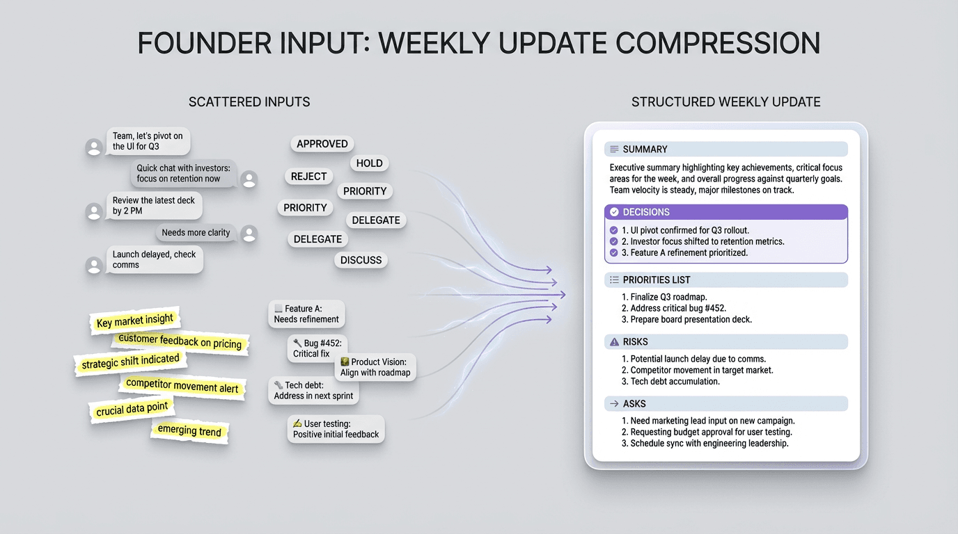 Editorial diagram showing scattered founder inputs from chats, reading, product notes, and quick judgments resolving into one compact weekly founder update with decisions, priorities, risks, and asks.