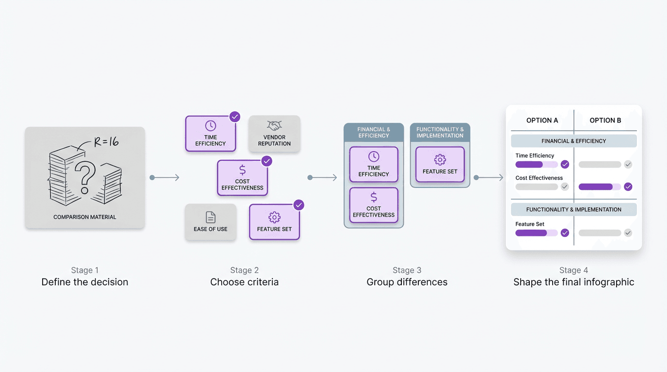 Process visual showing four stages: define the decision, choose criteria, group differences, and shape the final comparison infographic.
