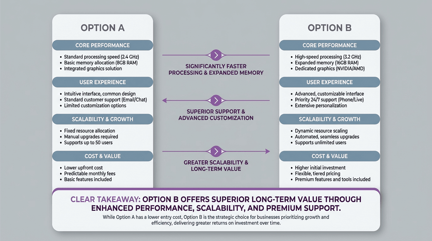 Editorial comparison graphic showing two alternatives reduced into a clean side-by-side infographic with highlighted differences, grouped criteria, and one visible takeaway.