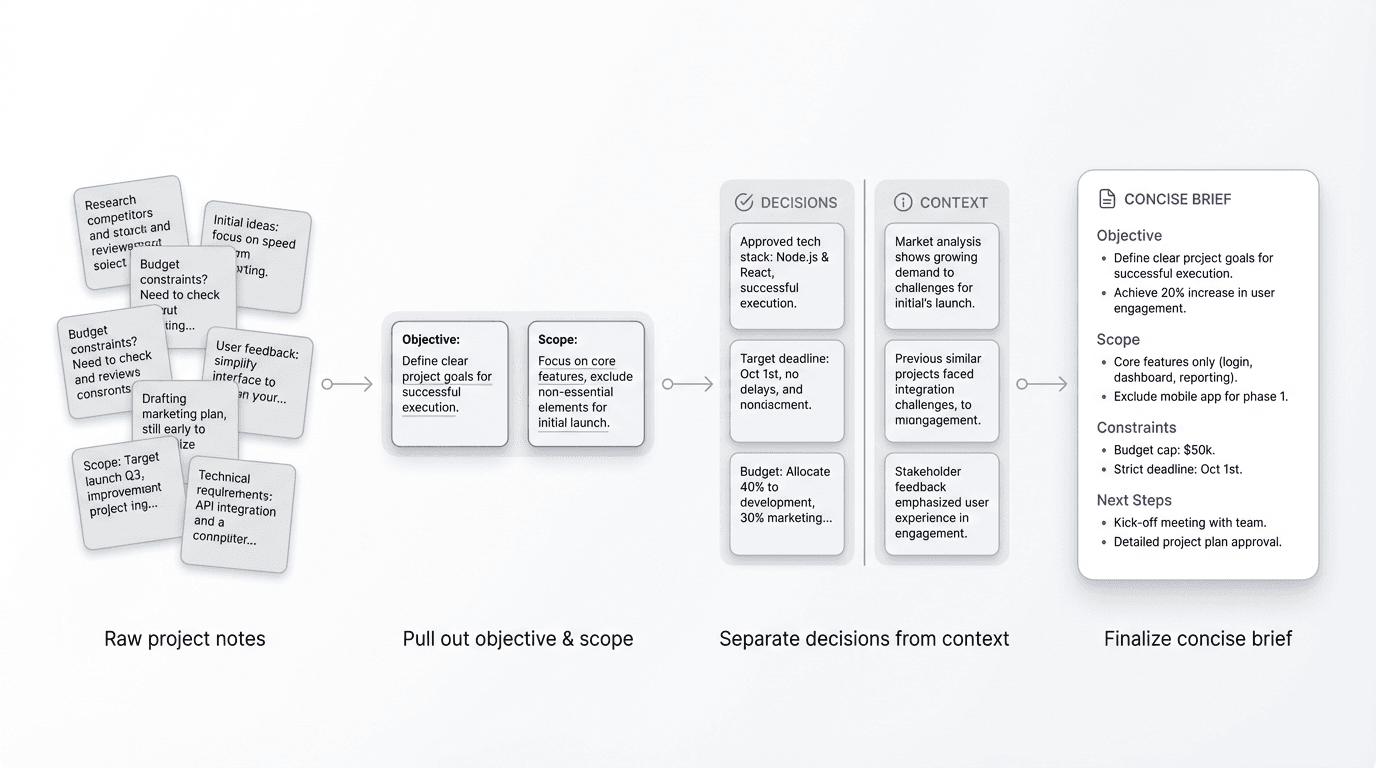 Process visual showing rough project notes moving through objective, scope, decisions, and next-step sorting into a finished brief.