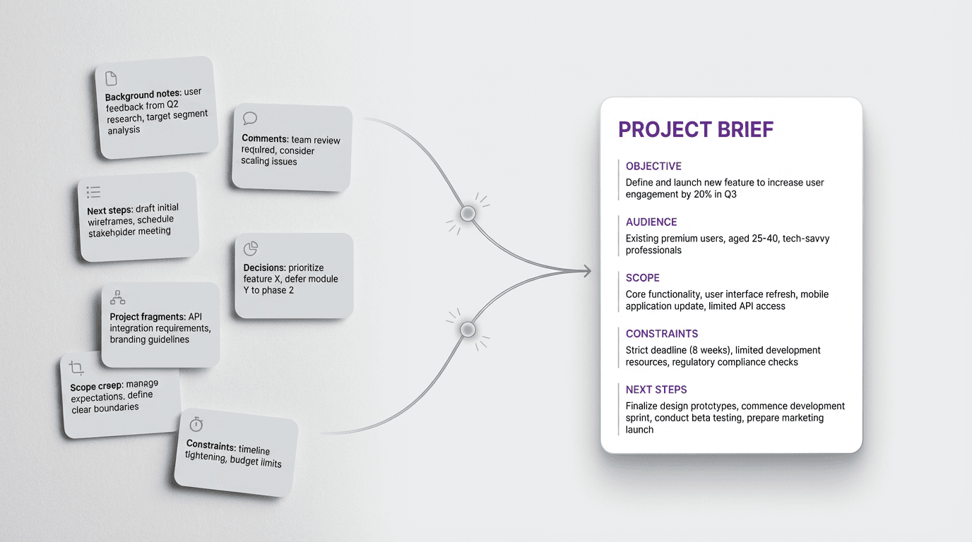 Editorial diagram showing scattered project context converging into a concise project brief with objective, audience, scope, constraints, and next steps.
