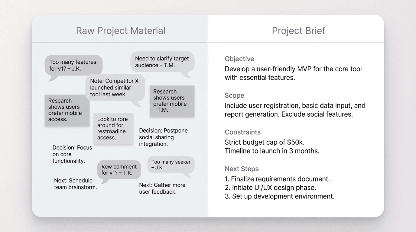 Comparison graphic showing scattered project notes on one side and a concise structured project brief on the other.