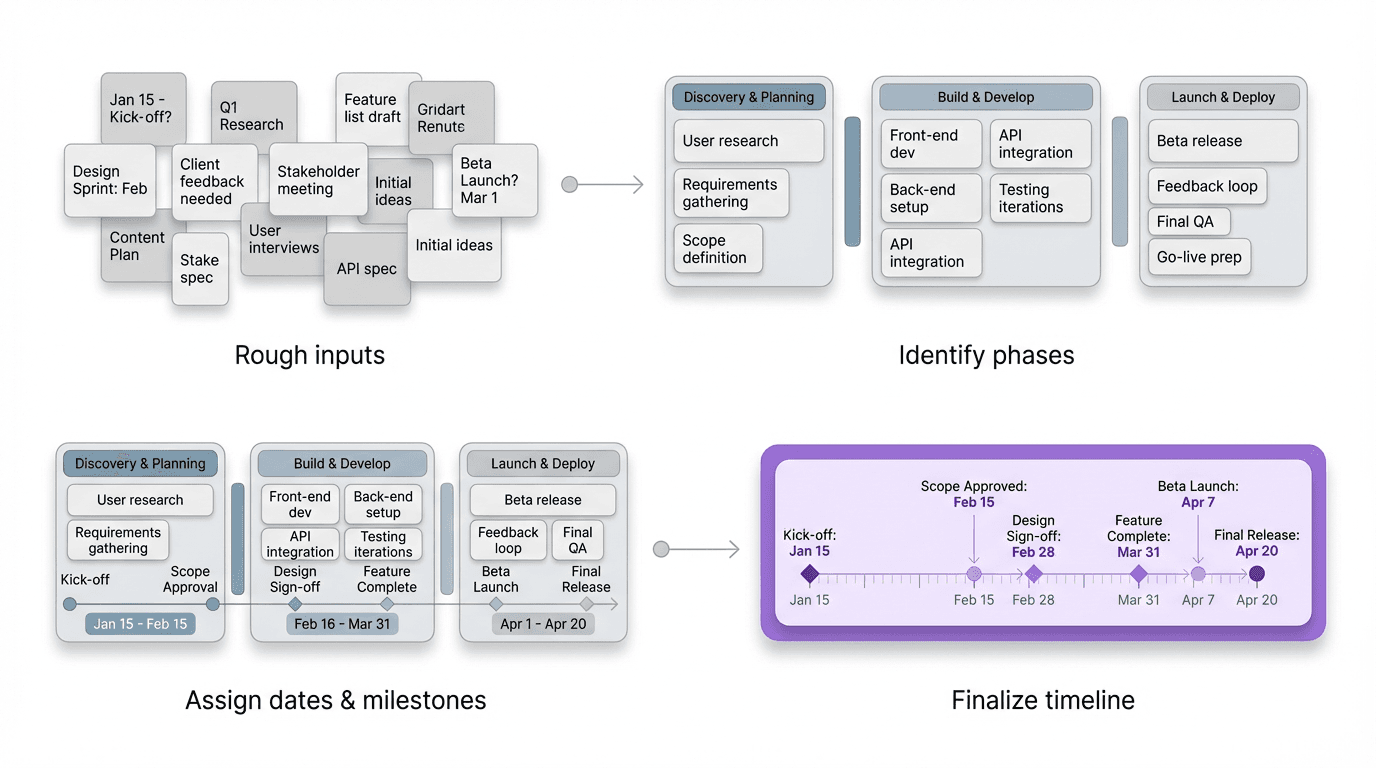 Process visual showing rough project inputs moving through phases, date assignment, and dependency cleanup into a finished timeline.