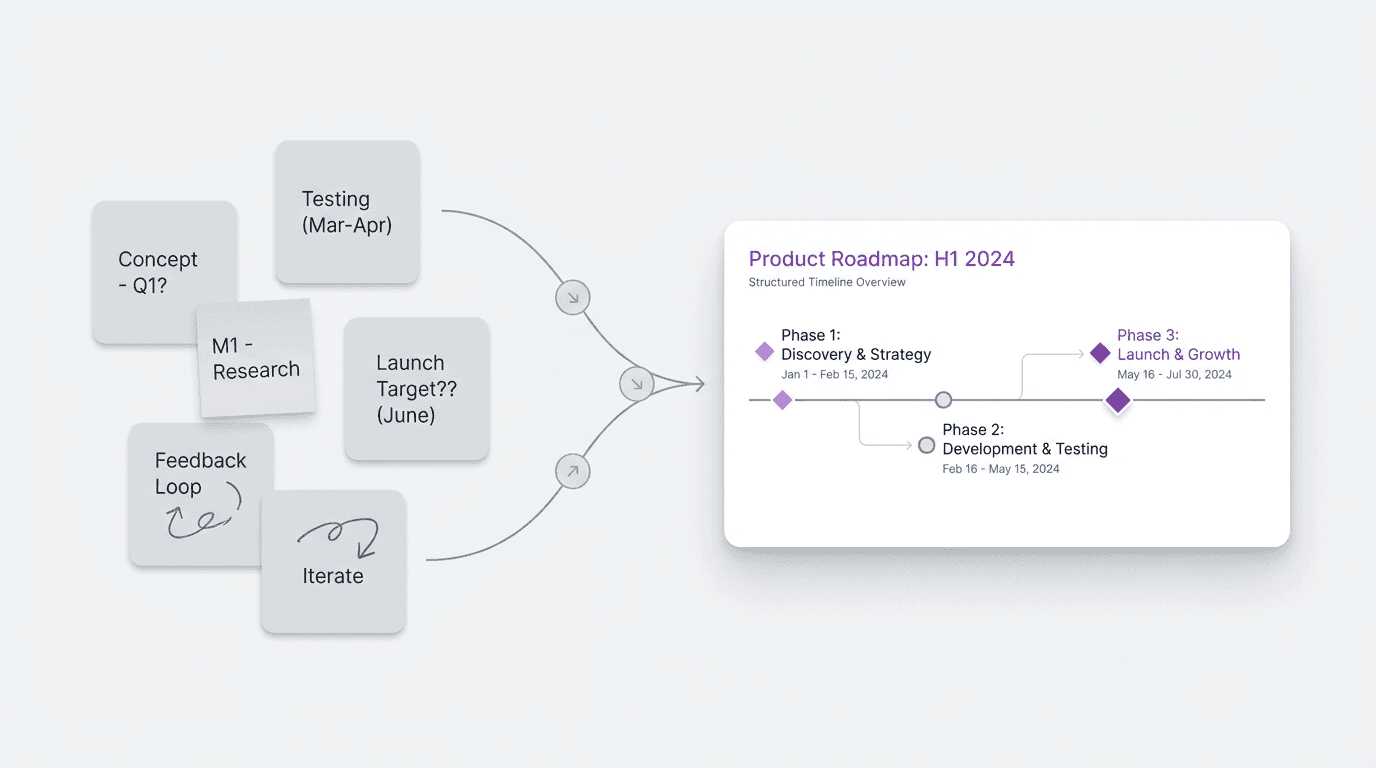 Editorial diagram showing rough project notes converging into a clean horizontal timeline with milestones, date ranges, and dependencies.