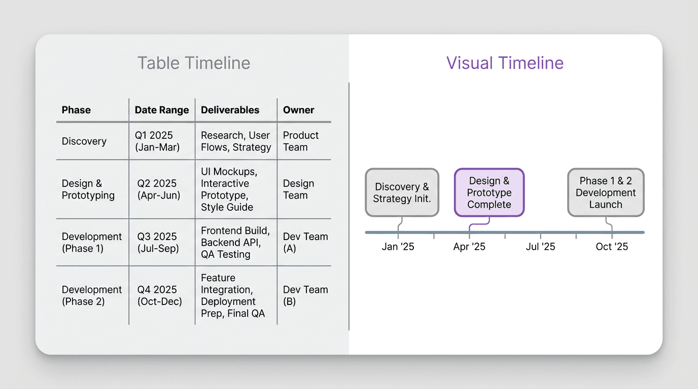 Comparison graphic showing a structured table timeline on one side and a clean horizontal visual timeline on the other.