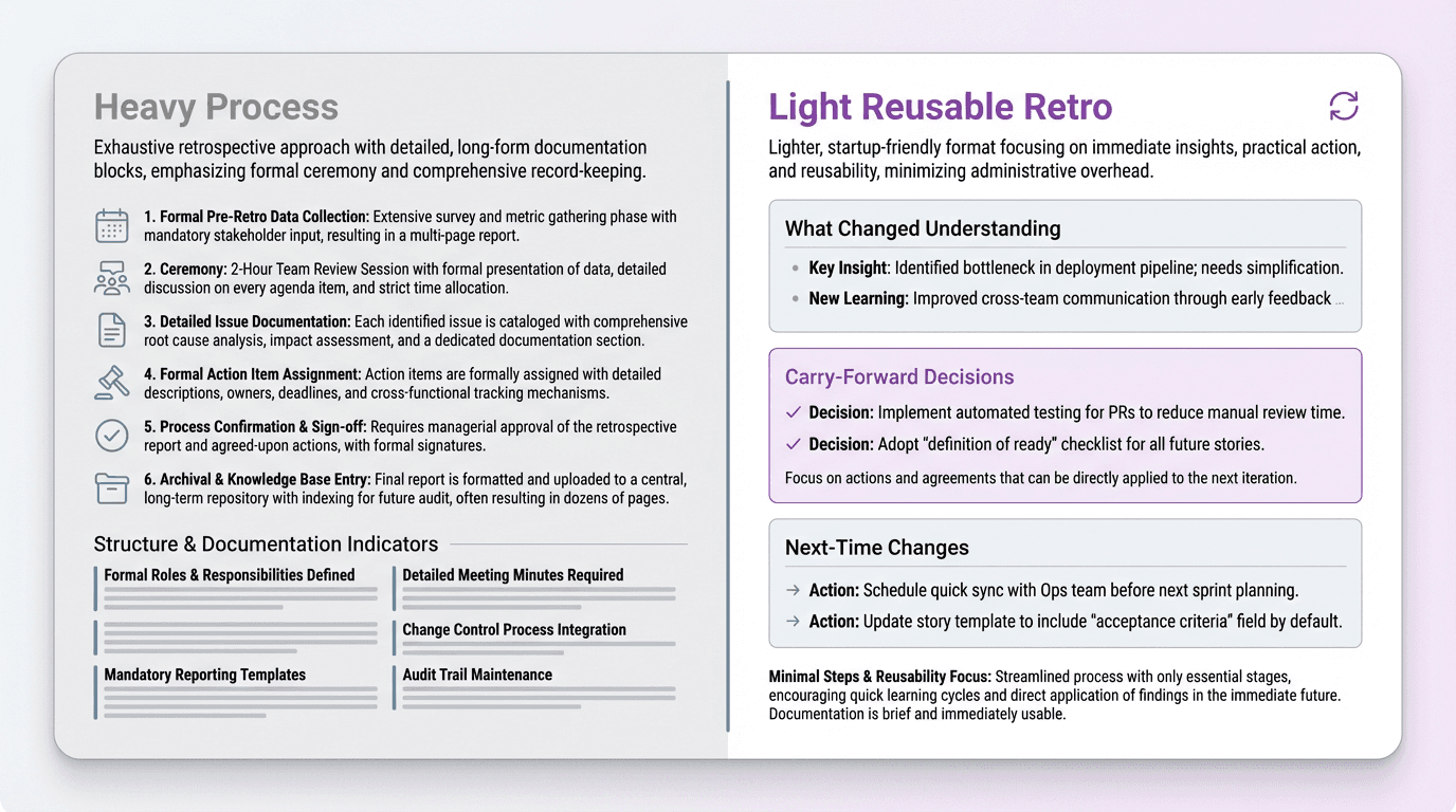 Comparison graphic showing a heavyweight retrospective process on one side and a lighter reusable startup retrospective on the other, with the latter focused on carry-forward decisions rather than exhaustive documentation.