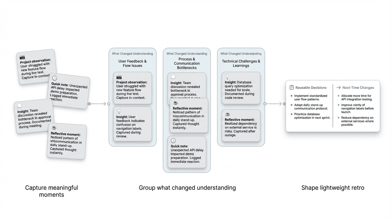 Process visual showing scattered project observations captured during a startup project, then grouped into a lightweight retrospective with reusable decisions and next-time changes.