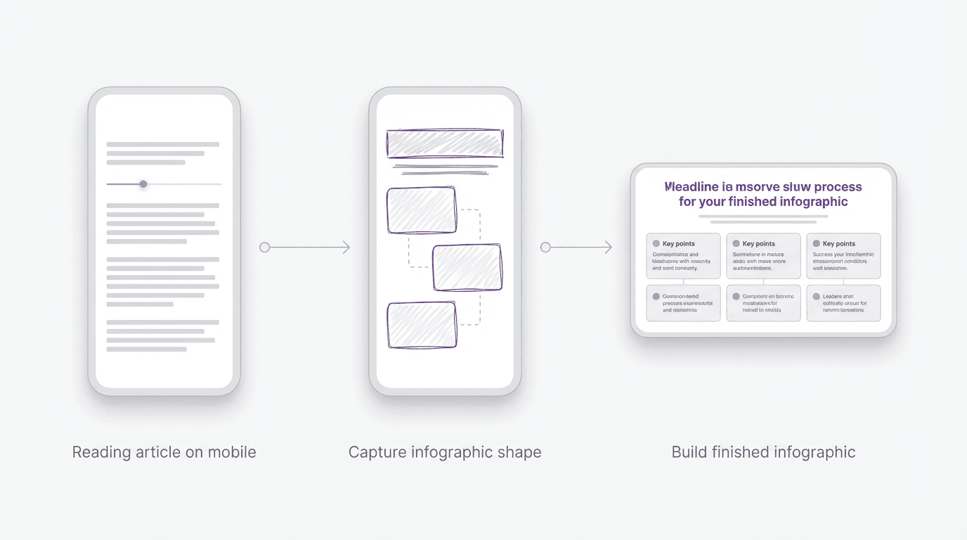 Process visual showing an article first identified on mobile, then reduced into an infographic structure, then finished as a visual summary.