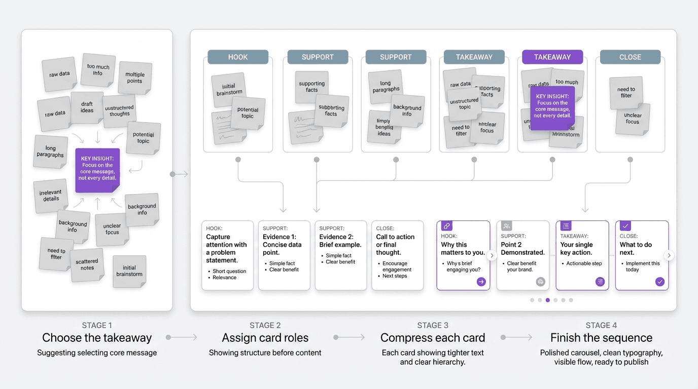 Process visual showing notes moving through four stages: choose the takeaway, assign card roles, compress each card, and finish the carousel sequence.