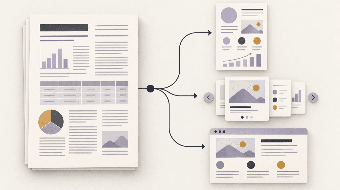 A dense PDF report branches into an infographic, a carousel, and a web page.