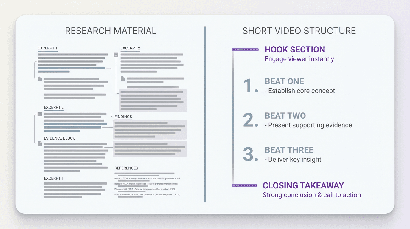 Two-column comparison showing dense research material on one side and a cleaner short-video content structure with hook, supporting beats, and close on the other.