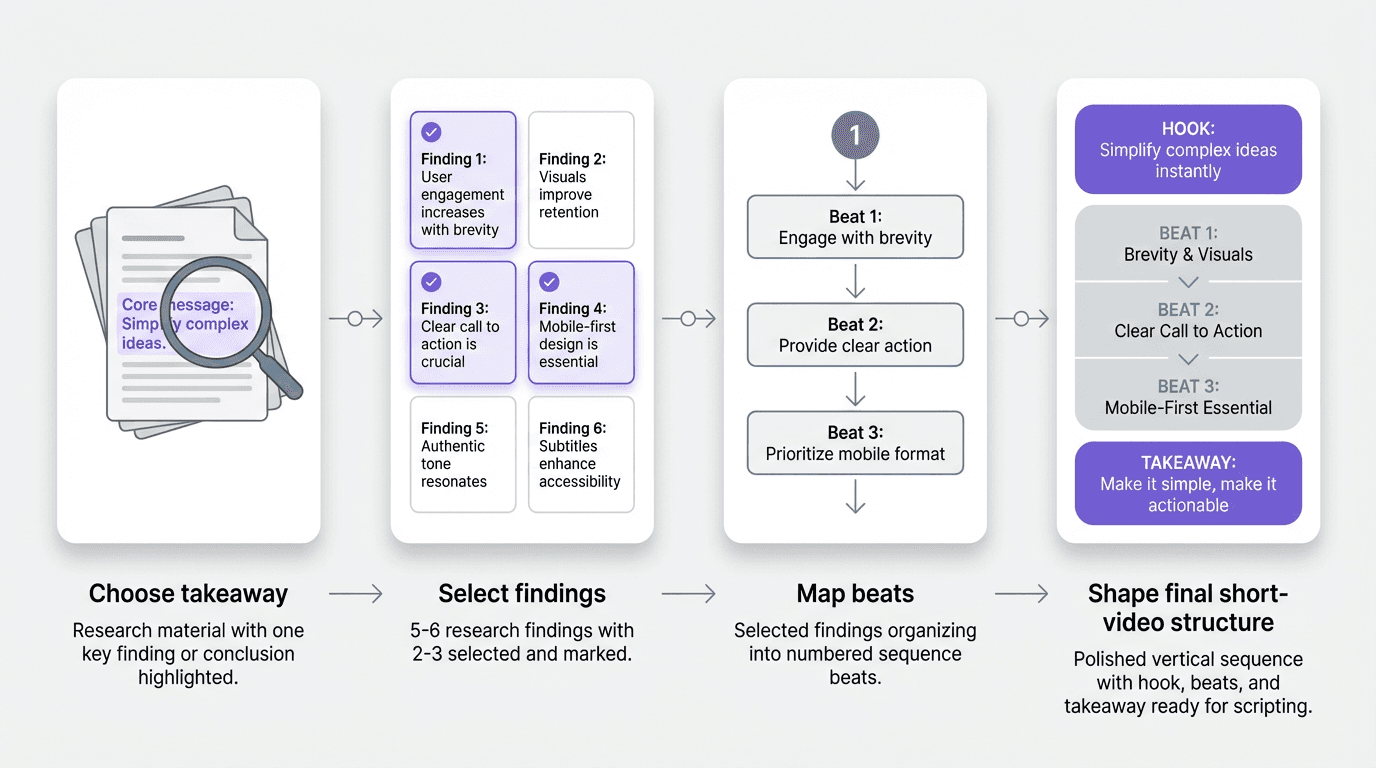 Process visual showing research moving through four stages: choose takeaway, select findings, map beats, and shape the final short-video structure.