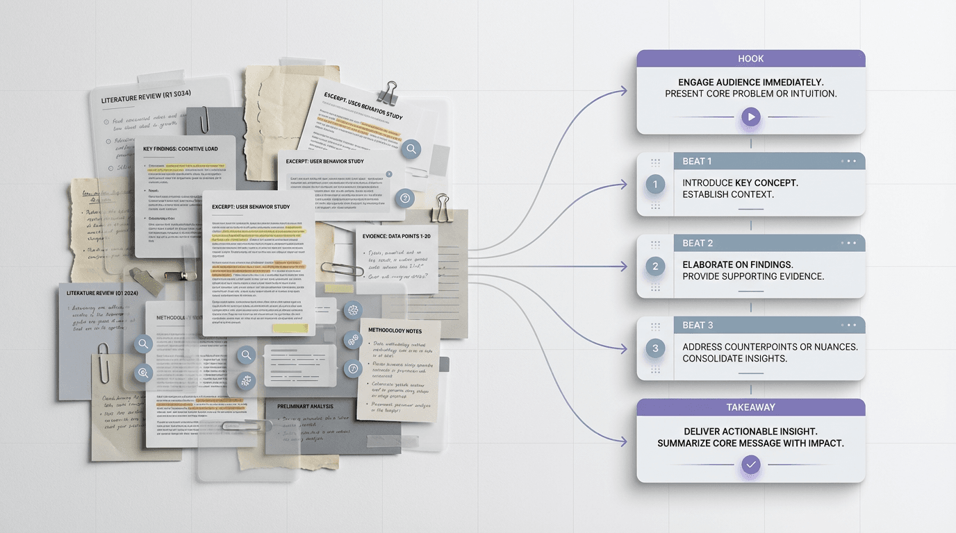 Editorial diagram showing dense research notes, excerpts, and findings compressed into a short video structure with a hook, three key beats, and a closing takeaway.