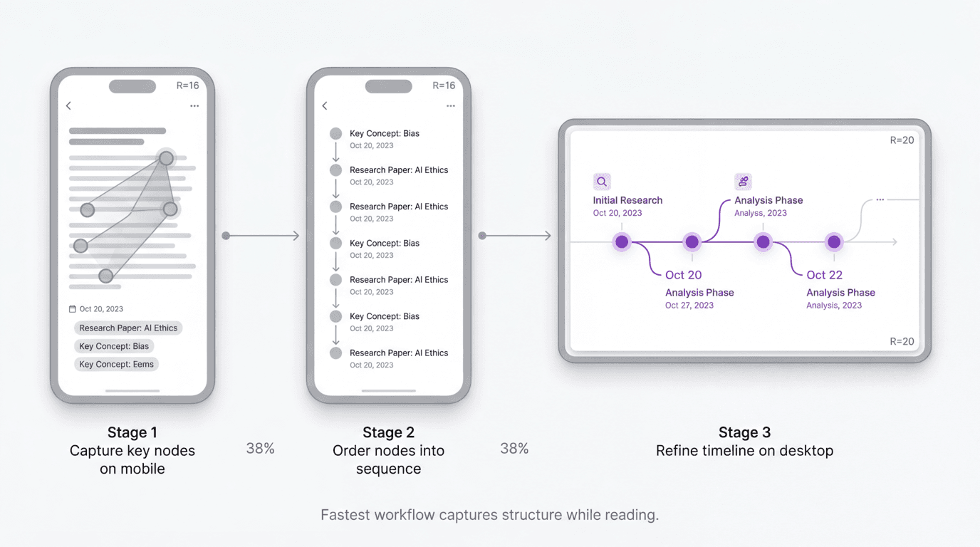 Process visual showing key research nodes captured during reading on mobile, then organized and refined on desktop into a finished timeline.