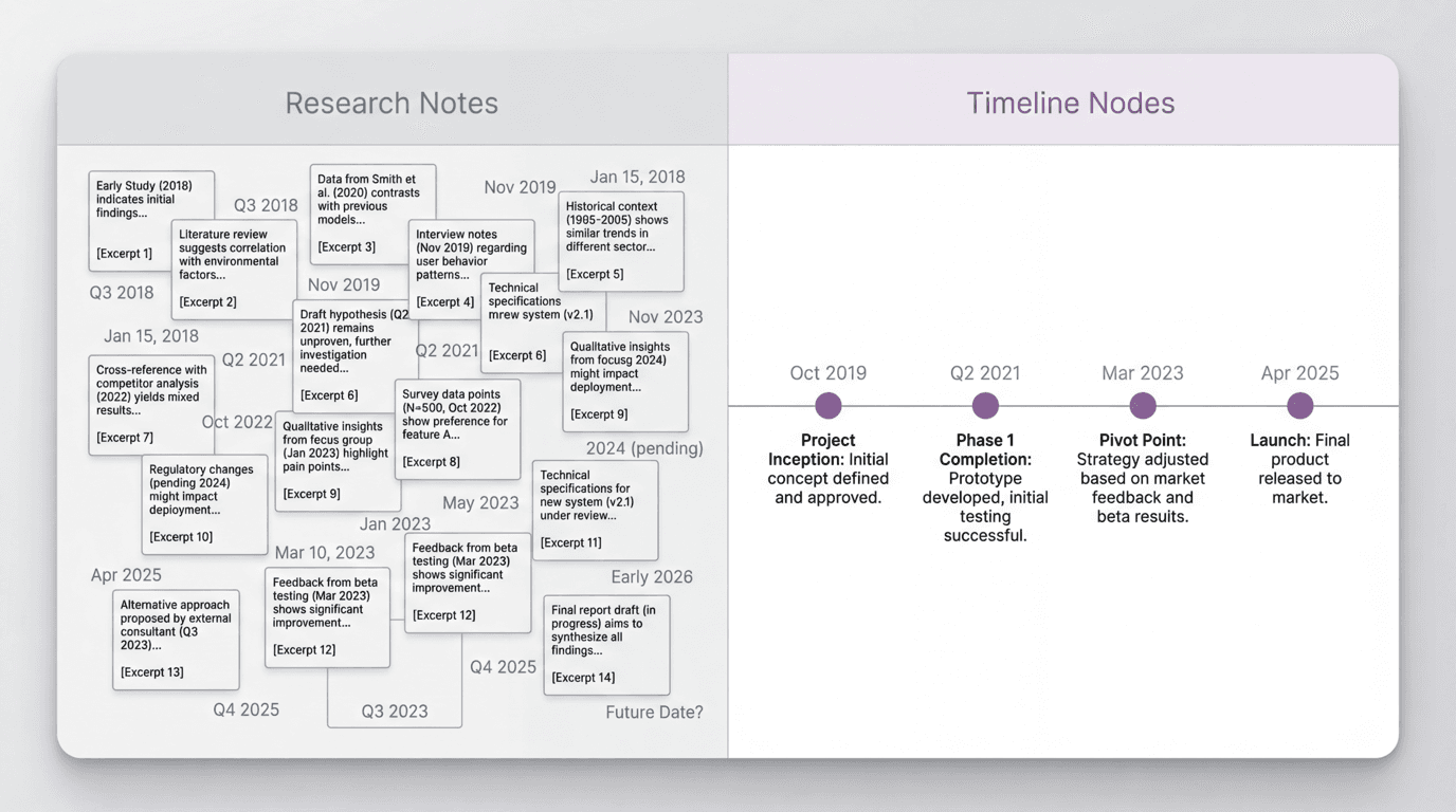 Comparison graphic showing broad research notes and excerpts on one side and a cleaner timeline built from only the sequence-changing nodes on the other.