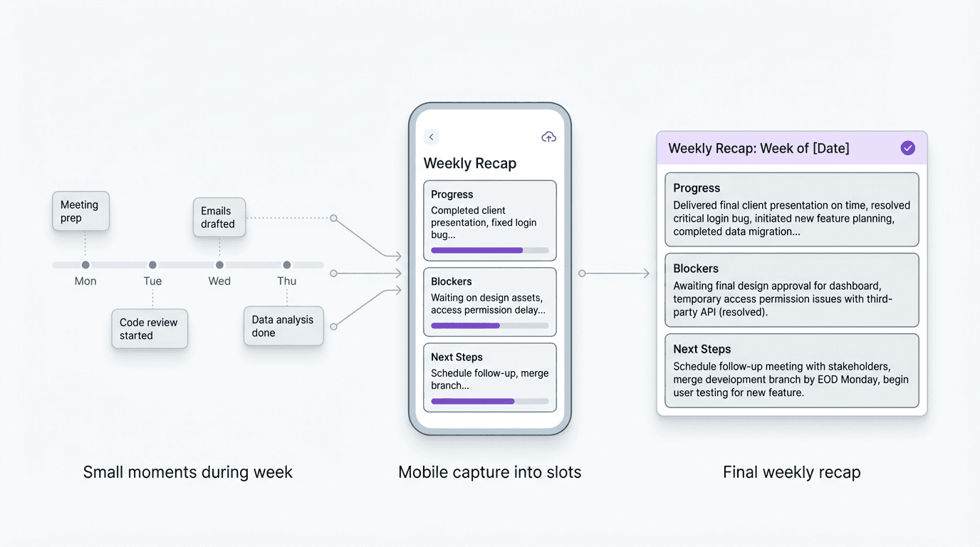 Process visual showing recap notes collected across the week on mobile, then shaped into one finished weekly recap at the end of the week.