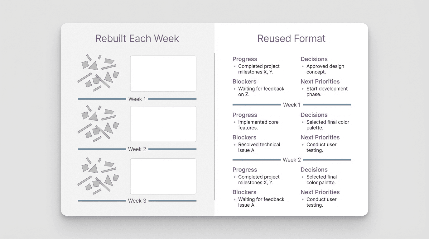 Comparison graphic showing weekly recap work rebuilt from scattered notes on one side and completed inside a stable recurring recap format on the other.