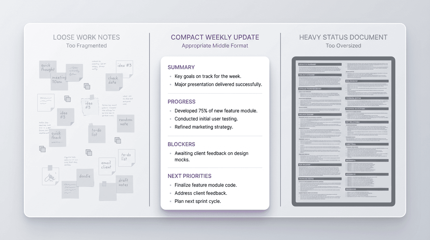 Comparison graphic showing loose work notes on one side and an overbuilt status document on the other, with a compact weekly update format positioned clearly in the middle.
