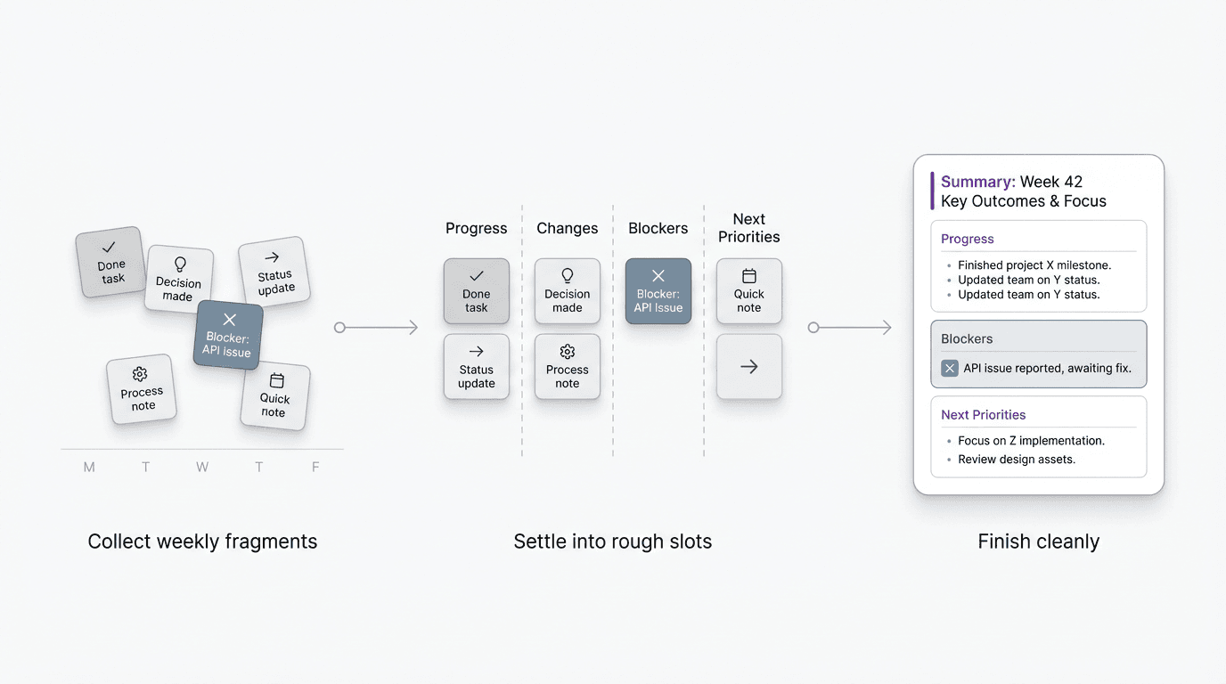 Process visual showing weekly fragments collected across the week, then compressed into a finished work update with summary, progress, blockers, and next priorities.