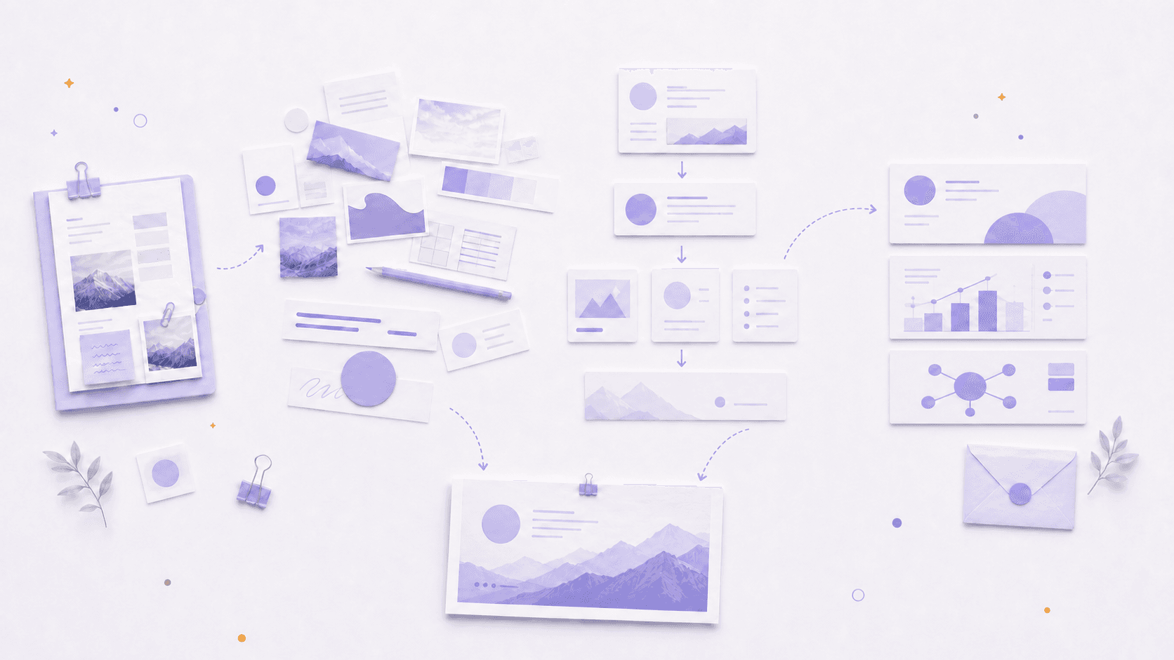 A creative brief branching into freeform design materials, structured outputs, and horizontal HTML video scenes.