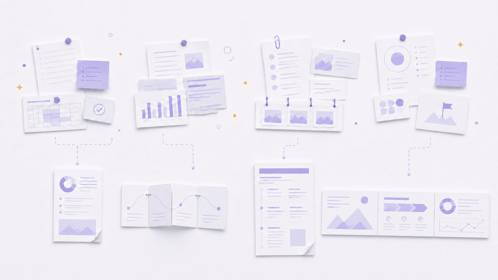 Work, research, publishing, and product marketing materials flowing into four content formats, including horizontal HTML video scenes.