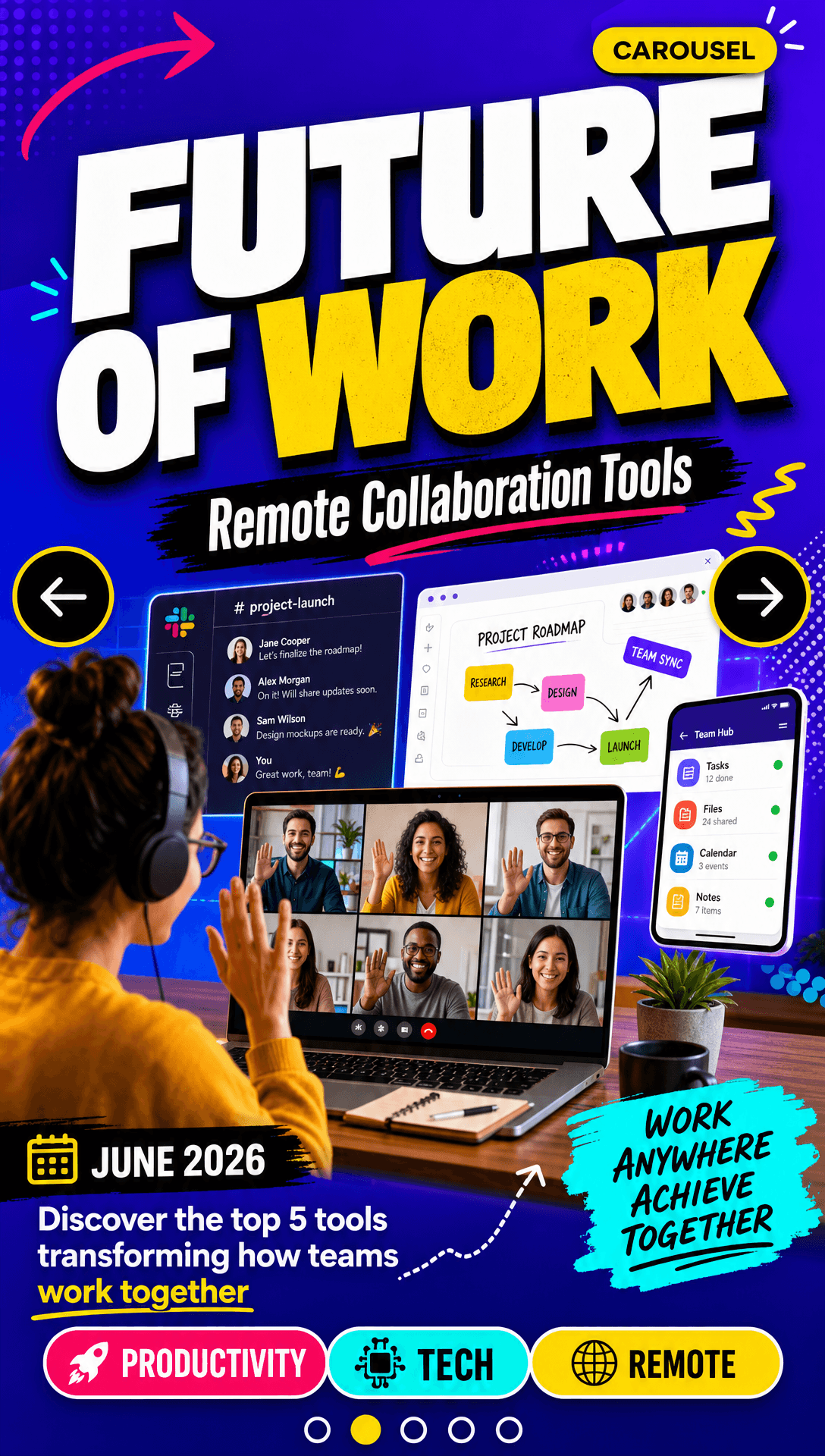Bold social carousel cover about remote collaboration tools