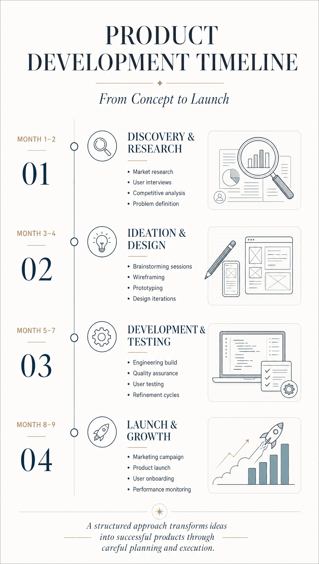 Product development timeline infographic in a clean editorial style
