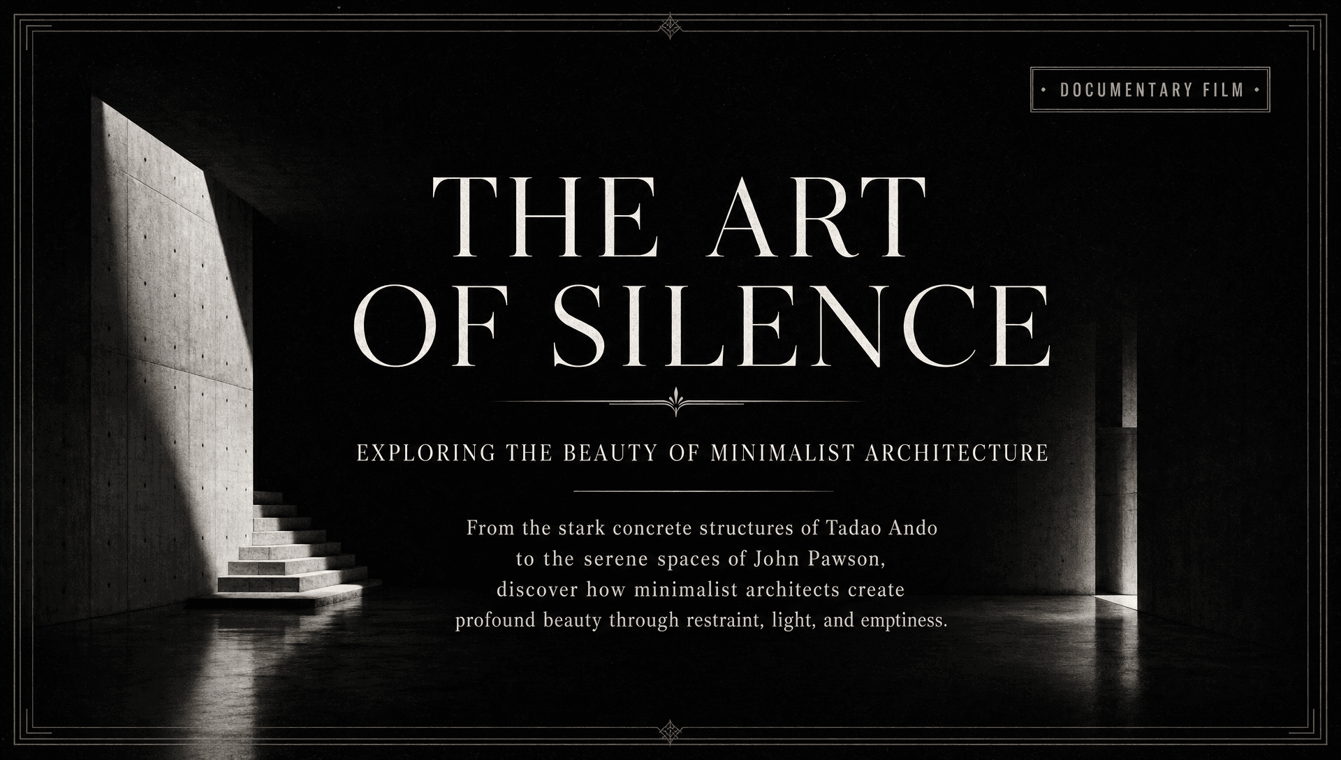 Noir documentary-style short video cover about minimalist architecture
