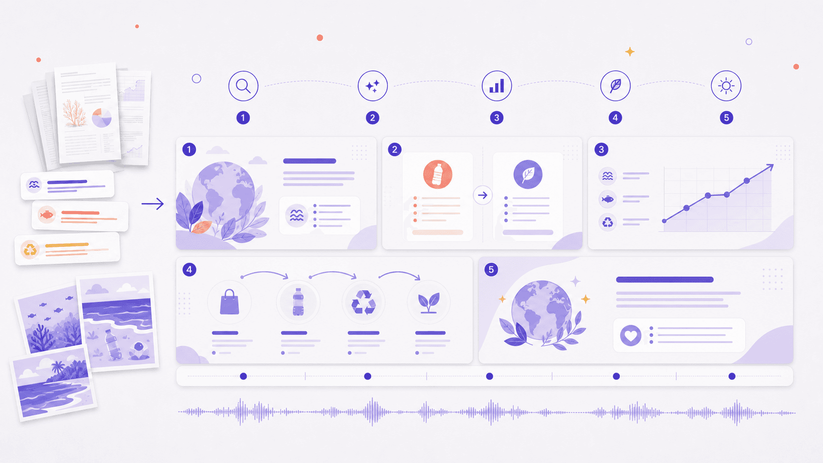 Research material shaped into five horizontal HTML short-video scenes