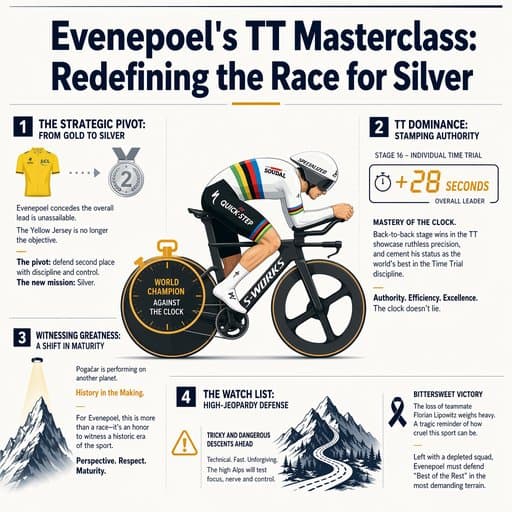 Evenepoel's TT Masterclass: Redefining the Race for Silver, a infographic created in FormaLM.