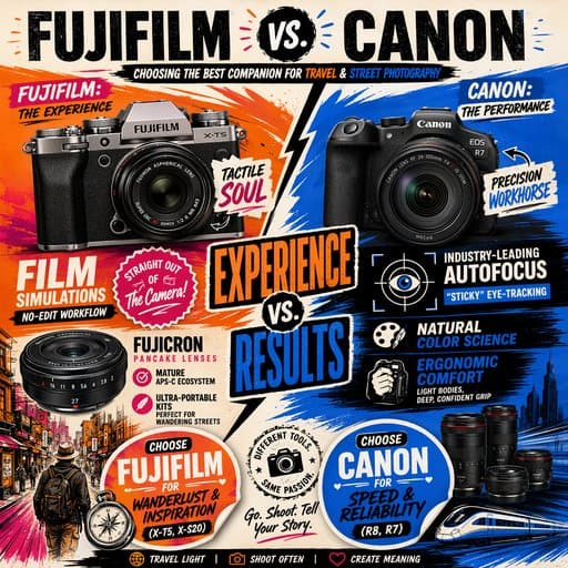Fujifilm vs. Canon: Choosing the Best Companion for Travel and Street Photography, a infographic created in FormaLM.