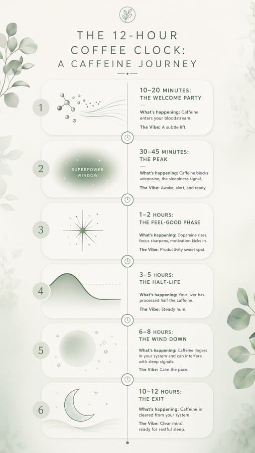 ☕️ The 12-Hour Coffee Clock: A Caffeine Journey, a infographic created in FormaLM.