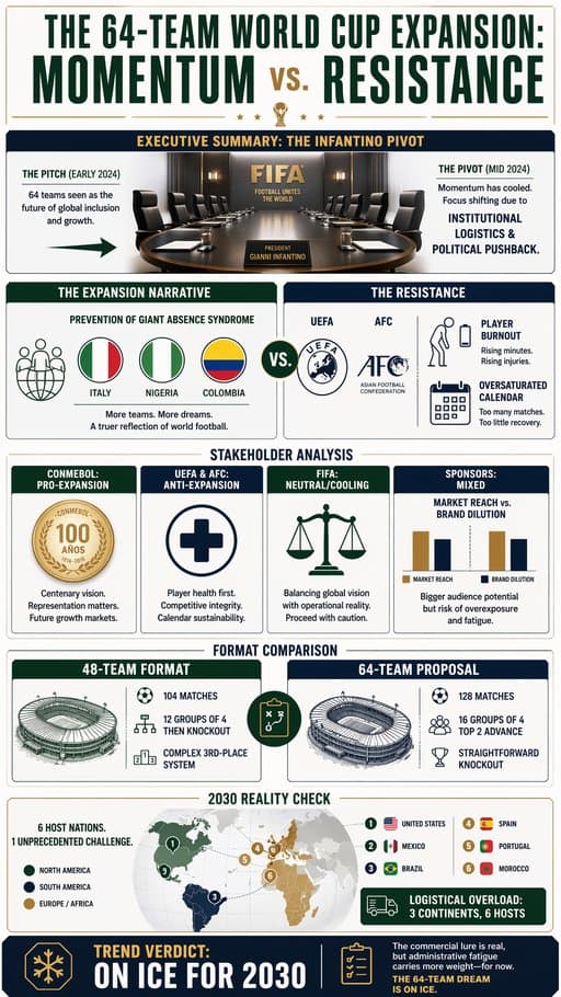 The 64-Team World Cup Expansion: Momentum vs. Resistance, a infographic created in FormaLM.