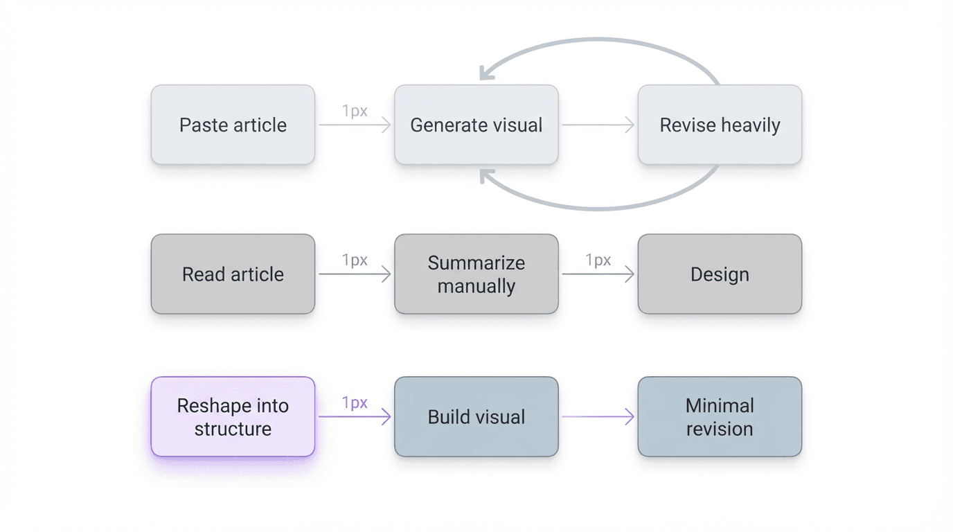 Process visual comparing three workflows: direct generation, manual summarize then design, and structure-first summarization before visual layout, with the third path showing the cleanest revision path.