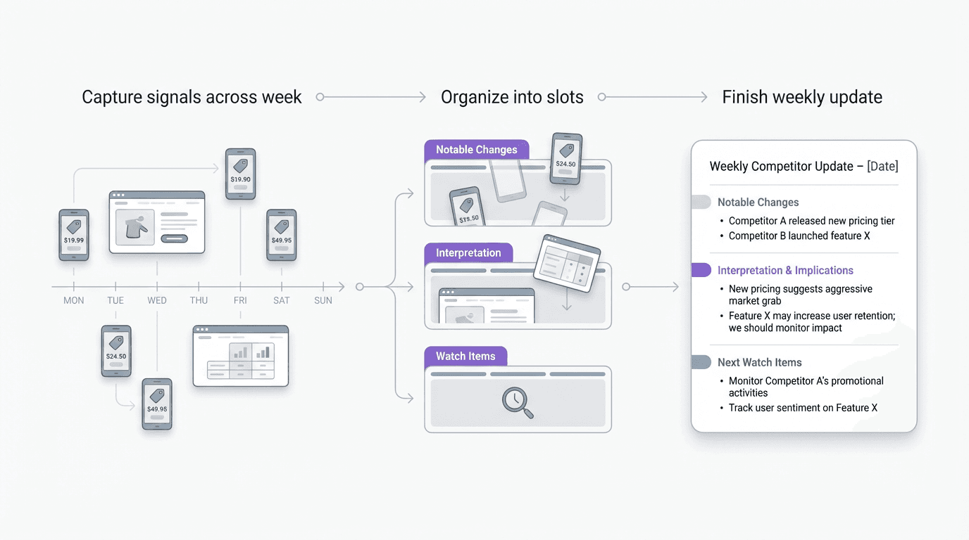 Process visual showing competitor signals captured across the week on mobile and desktop, then organized into recurring sections before becoming one finished weekly competitor update.