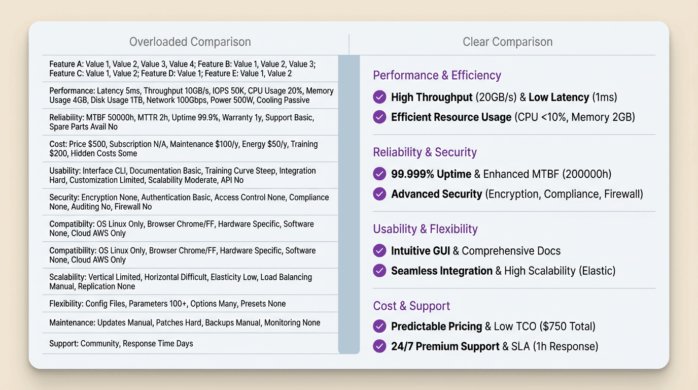 Two-column comparison graphic showing an overloaded feature-by-feature comparison on one side and a cleaner comparison infographic focused on the few decision-shaping differences on the other.