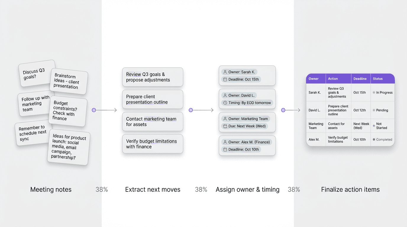 Process visual showing meeting notes moving through extraction, owner assignment, deadline definition, and final action items table.