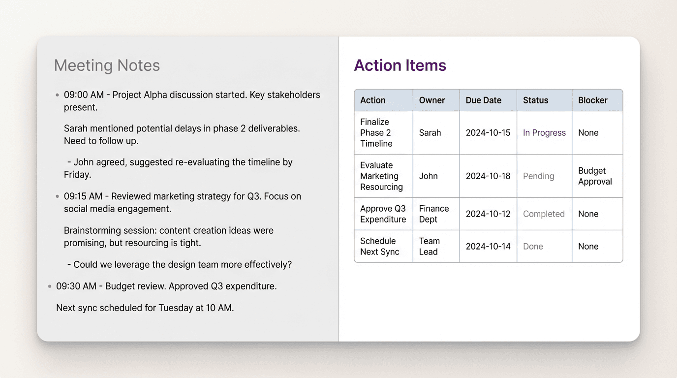 Comparison graphic showing loose chronological meeting notes on one side and a structured action items list with owner and due date on the other.