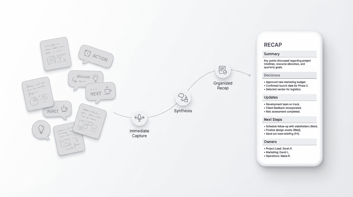 Editorial diagram showing a just-ended meeting turning into a clear recap structure with summary, decisions, next steps, and owners on a phone-first workflow.