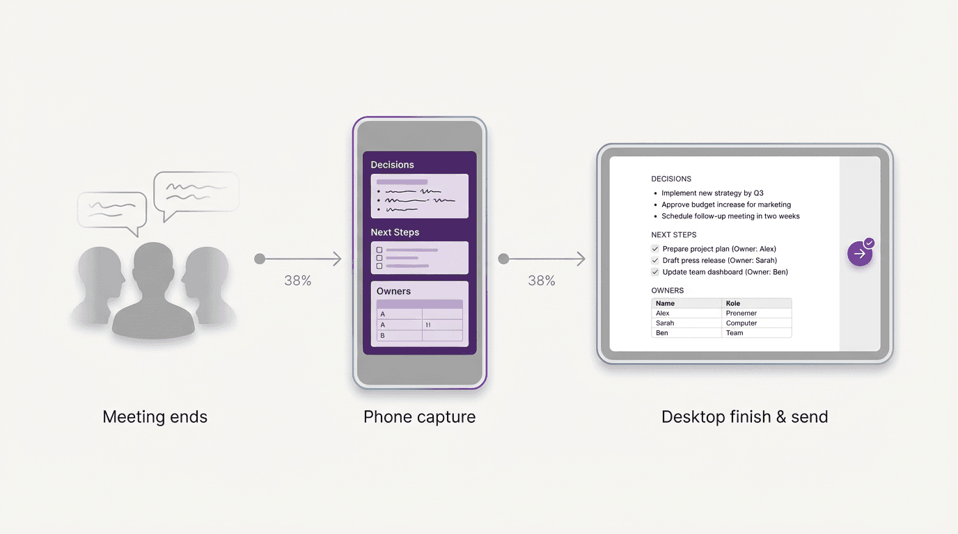 Process visual showing a phone capture of recap structure immediately after a meeting, followed by a cleaner cross-device finish and send flow.