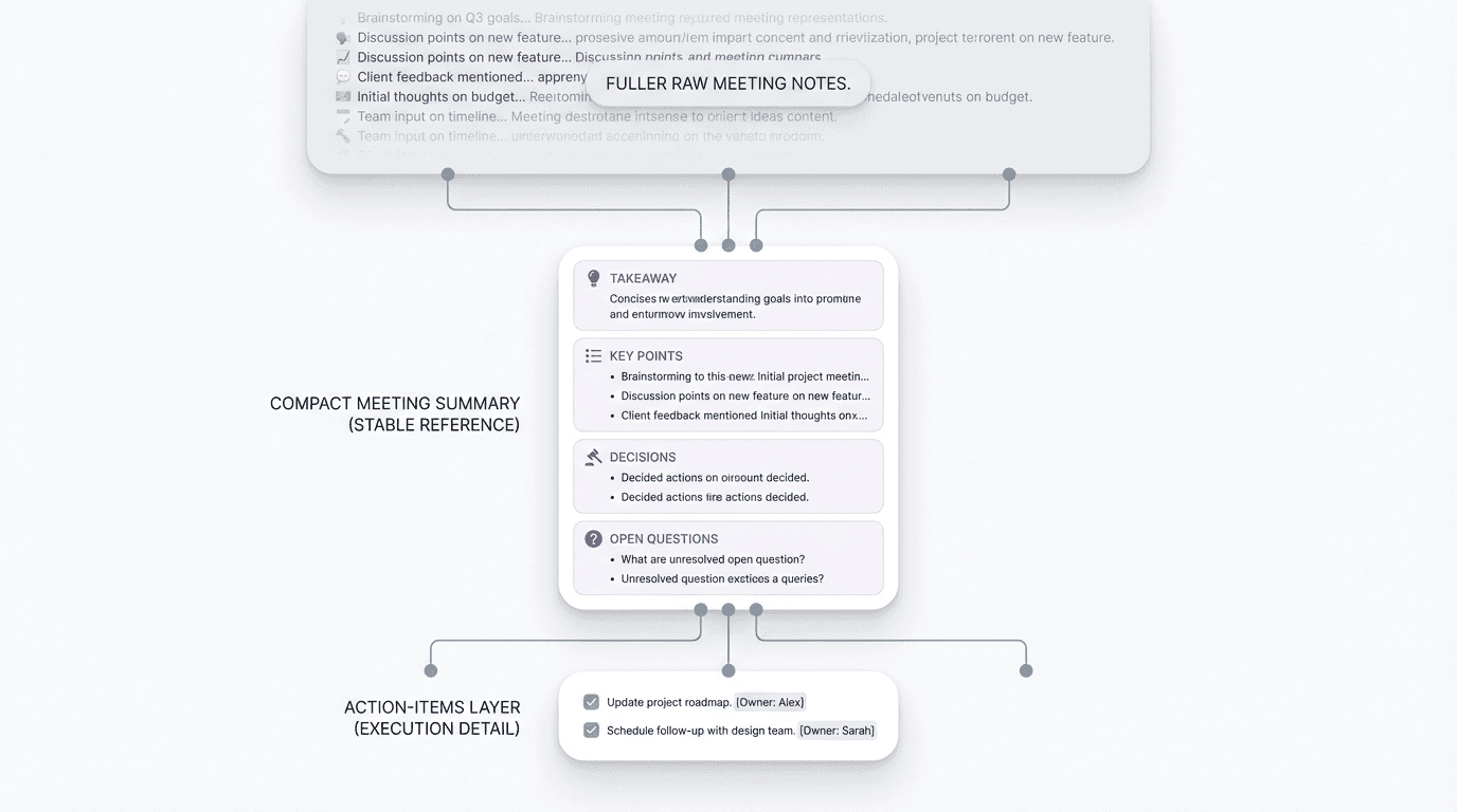 Process visual showing raw meeting notes being compressed into a compact meeting summary, with fuller notes behind it and action items branching off separately.
