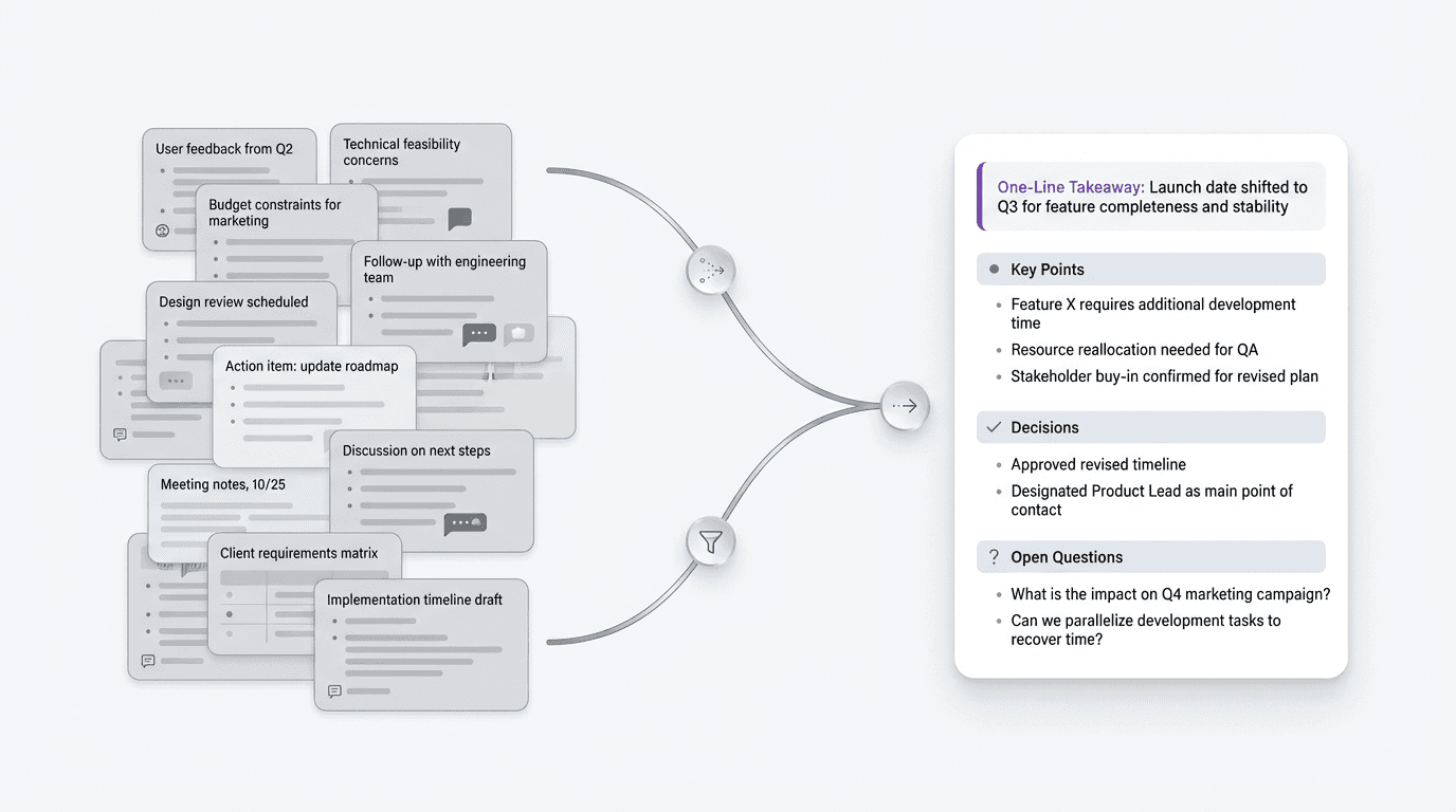 Editorial diagram showing dense meeting conversation compressed into a compact summary with topic, decisions, important context, and next steps that remains easy to revisit later.
