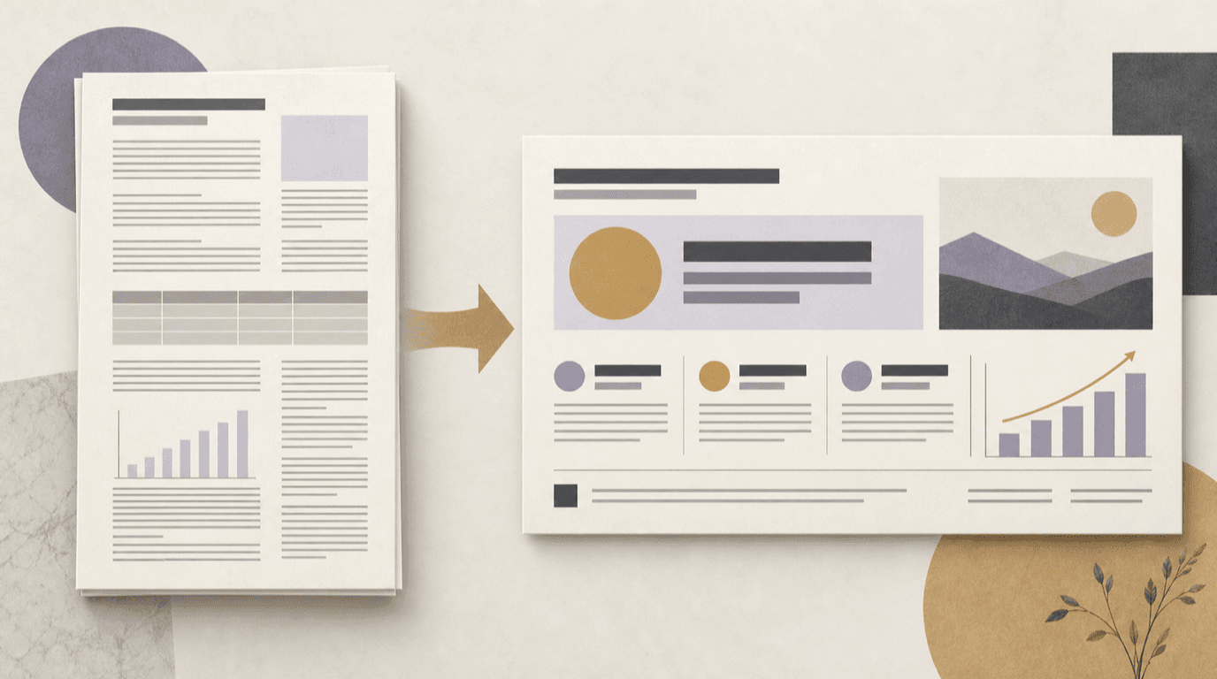 A dense PDF with tables becomes a single structured infographic with one headline, evidence blocks, and a chart.